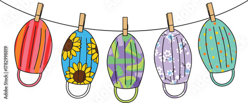 Colorful face masks, hanging on clothesline, fashion hygiene, reusable mask designs, clothespin display, health accessory, vector illustration, pandemic style