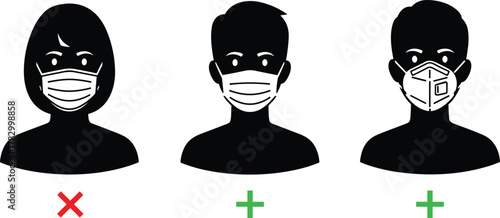 Face mask usage, correct and incorrect, health safety, mask illustration, silhouette people, protective gear, pandemic awareness, vector art, medical concept, prevention guide
