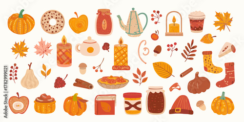 Cozy autumn elements collection featuring pumpkins leaves candles and seasonal treats