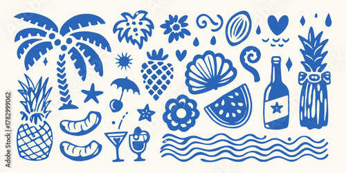 Collection of blue summer vacation icons and symbols on a cream background
