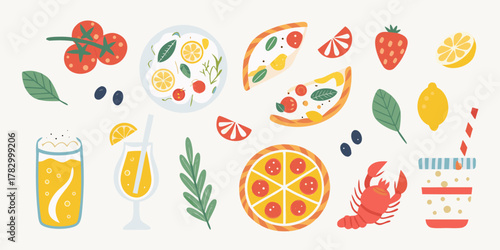 A vibrant collection of italian food and drinks including pizza pasta salad cocktails and fresh fruit