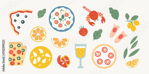 A whimsical collection of italian food and drink elements with fresh produce and seafood