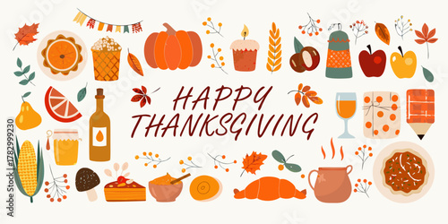 Happy thanksgiving illustration with traditional autumn harvest food and festive decorations