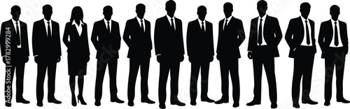 Business group, corporate silhouettes, professional attire, workplace diversity, team unity, standing professionals, office culture, vector illustration, gender inclusion, formal posture