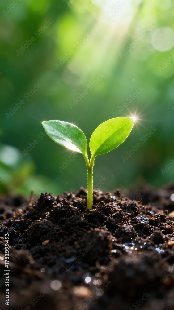 Fototapeta premium A young green sprout emerging from soil with sunlight shining through leaves in a natural setting