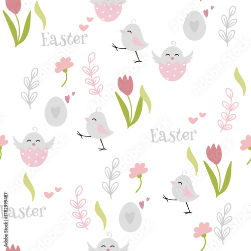 Happy Easter seamless vector pattern. Easter eggs, bunny, butterflies, and chicks in a creative repeating design. A repeating endless flat design in pastel colors.