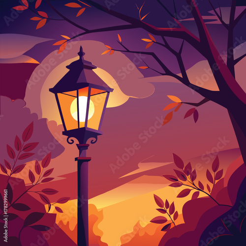 Ornate street lamp in a park at twilight with vibrant foliage