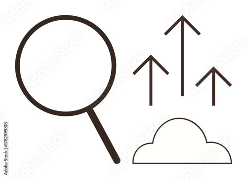 Magnifying glass, cloud, and upward arrows symbolize growth, analysis, exploration, innovation, success, goal setting and progress. Ideal for research data analysis vision and simple flat