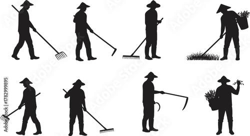Farmer silhouette vector, gardening activity clipart, black agriculture icon, rural work graphic, tool pose illustration, harvest scene design