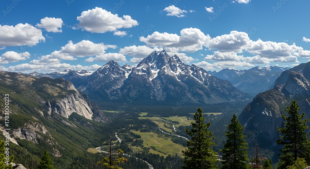 Obraz premium Breathtaking panoramic view of a majestic mountain range under a blue sky with fluffy white clouds.