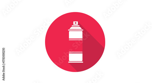 Flat design icon of a white aerosol spray can with nozzle, casting a long shadow on a vibrant red circular background.