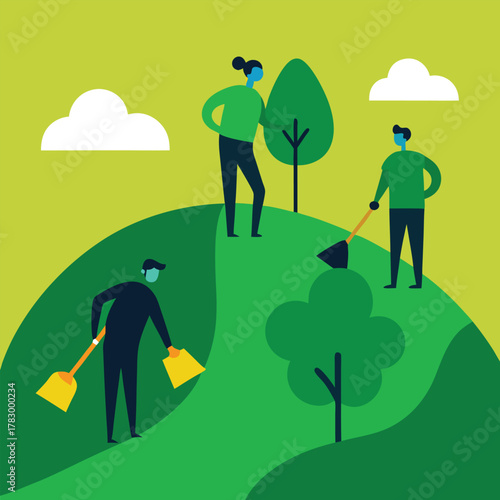 People Working Together on a Green Hillside with Brooms Keywords: people, working, green