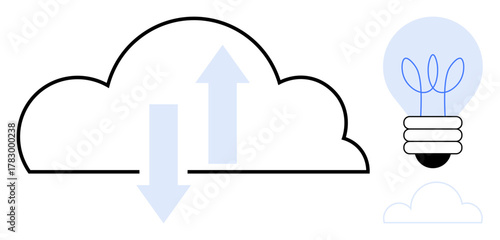 Cloud with up and down arrows signifying data exchange, light bulb symbolizing creativity, innovation, and ideas. Ideal for cloud storage, innovation, data sharing, creativity, modern technology