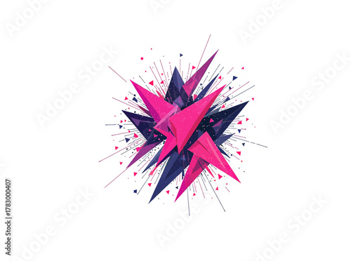 Dynamic abstract explosion of vibrant pink and blue geometric shapes creating a captivating modern design element with sharp fragments and energetic movement