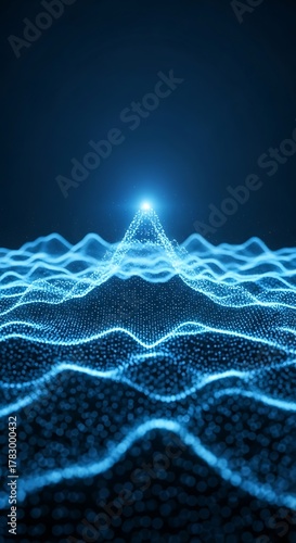 Abstract glowing blue digital wave pattern with a bright light at the peak, representing data flow and technology
