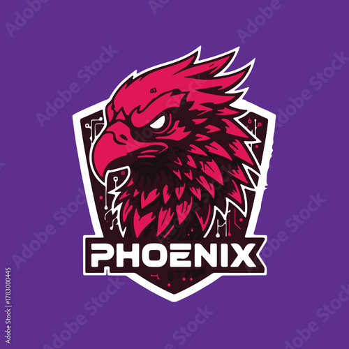 Neon red bird head cyberpunk esports logo illustration.eps