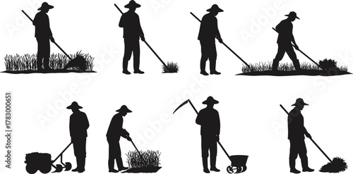 Farmer silhouette vector, gardening activity clipart, black wheelbarrow icon, crop tending pose, rural labor graphic, agriculture tool design
