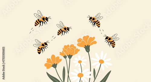 Bees flying near flowers in a meadow