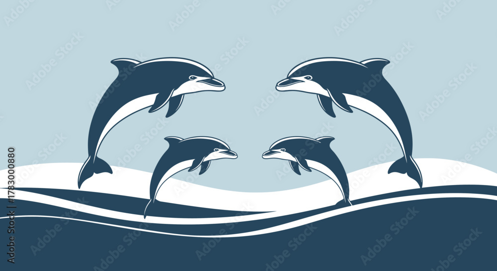 Fototapeta premium Four playful dolphins jumping from ocean waves