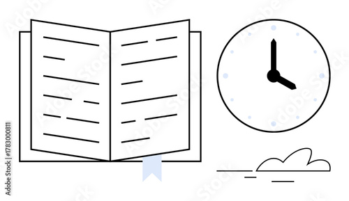 Open book with lines and a bookmark, analog clock showing time, and a small cloud. Ideal for learning, education, time management, productivity, deadlines planning studying. Simple flat metaphor