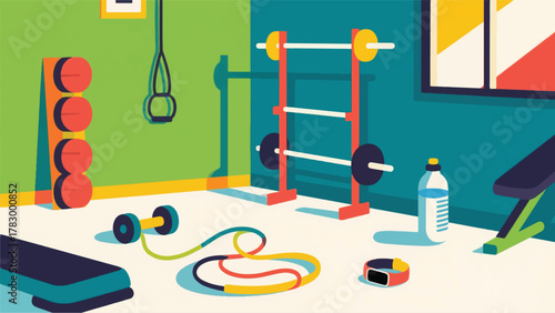 Illustration Vector Personalized Home Gym Setup, Focusing On A Water Bottle, Resistance Bands, And A Fitness Tracker On The Floor Vector Design Template