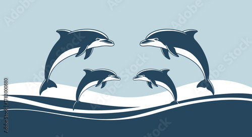 Four playful dolphins jumping from ocean waves