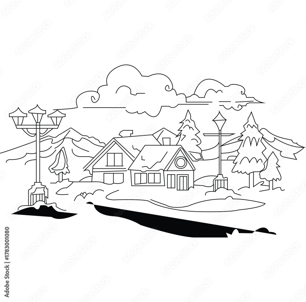 Fototapeta premium Winter Wonderland line Art. Winter street scene with simple line art, snow, and decorated buildings