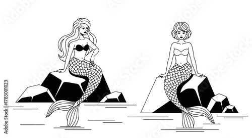 Mermaids sitting on rocks in ocean outline style