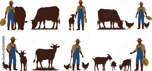 Farmer, cow, goat, chicken, calf, farm, animal, agriculture, livestock, rural, vector, illustration, cartoon, character, hat, overalls, standing, interaction, domestic, barnyard