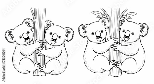 Two koalas hugging a tree trunk