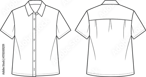 Short sleeve button up shirt, front and back view, technical fashion sketch, garment flat drawing, apparel design, cad vector illustration