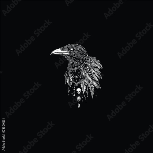 vintage engraving illustration of a raven or crow's head wearing ornate necklaces, beaded jewelry