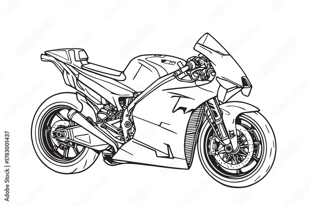 Obraz premium Black and white vector design showing a sport motorcycle built for racing, capturing aerodynamic flow, power, and beauty of mechanical art in minimalist form.