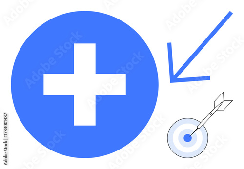 Large blue plus sign, arrow pointing toward a dartboard with a bullseye. Ideal for success, strategy, positivity, growth, healthcare, goal setting precision. A simple flat metaphor