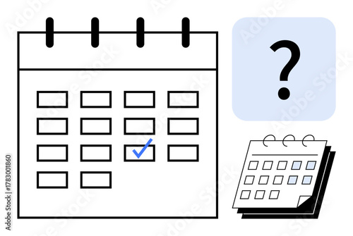 Open calendar page with marked date, question mark symbol, and additional mini calendar. Ideal for planning, scheduling, deadlines, time management, decision-making, event organization simple flat