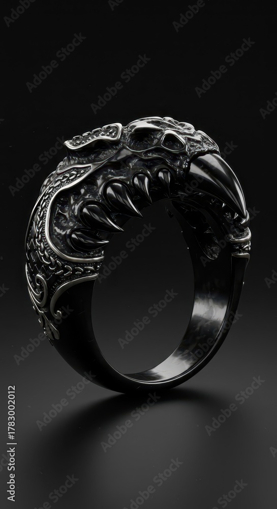 Fototapeta premium Intricate gothic style metallic band featuring detailed creature head ornamentation