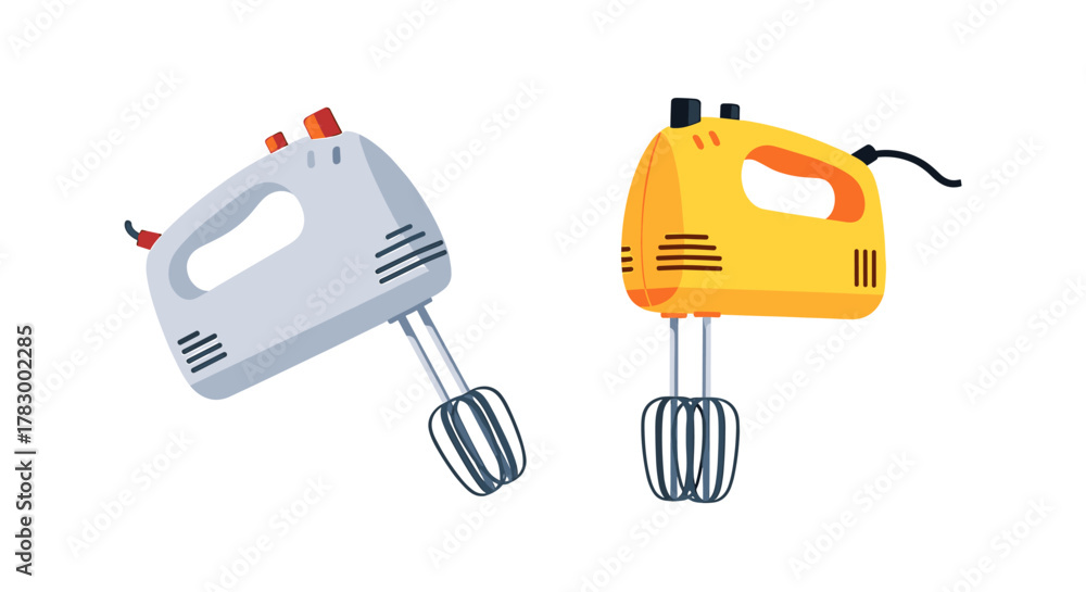 Fototapeta premium Two vibrant hand mixers, one silver and one yellow, ready for your kitchen creations and culinary adventures.