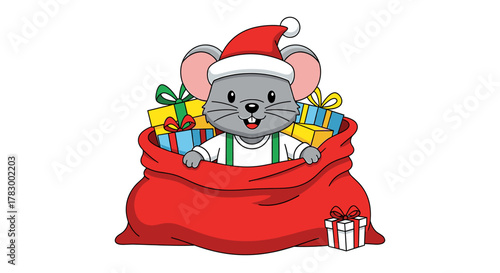 Joyful cartoon mouse wearing Santa hat peeks from a festive red sack overflowing with colorful holiday gifts, spreading Christmas cheer and excitement.