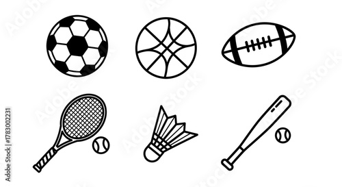 Dynamic collection of popular sports equipment icons including soccer, basketball, football, tennis, badminton, and baseball for active lifestyles and athletic themes.