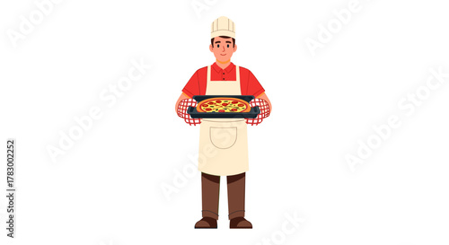 Joyful baker proudly presents a freshly baked, delicious pizza straight from the oven, ready to be enjoyed by everyone.