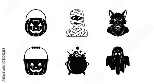 Spooky Halloween icons featuring a grinning pumpkin bucket, a bandaged mummy, a fierce werewolf, a bubbling witch's cauldron, and a ghostly apparition.