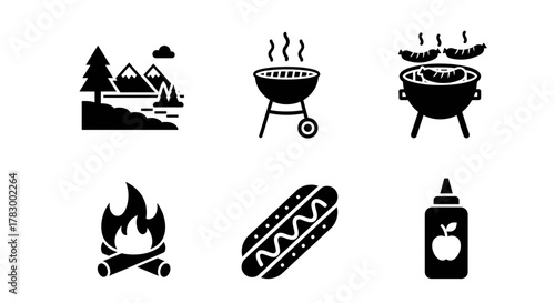 Embrace the outdoors with this vibrant collection featuring a scenic landscape, sizzling grill, campfire, hot dog, and condiments for perfect summer fun.