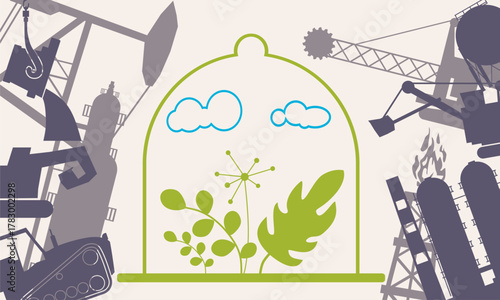 Green plant under the glass dome surrounded by industrial icons. Earth day and save the world, zero waste concept. Growth, sustainability and environmental care, protection and nature conservation.