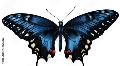 A stunning blue swallowtail butterfly isolated on transparent background, showcasing its intricate wing patterns and delicate antennae against a clean backdrop, creating a captivating image