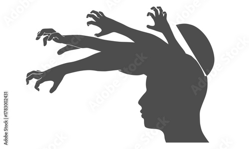 Side view portrait man in angry expression. Outside mood. Hands go out of head. Internally suffering, dissociative identity disorder.