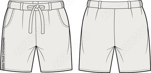 Shorts technical sketch front and back, drawstring waistband, belt loops, side pockets, fashion flat, garment design, vector template, cad drawing flat vector illustration