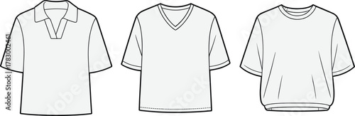 Short sleeve shirt design, polo collar, v-neck, round neck, fashion flat sketch, garment template, apparel outline, cad drawing flat vector illustration