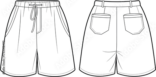 Shorts technical sketch front and back, drawstring waistband, patch pockets, belt loops, fashion flat, garment design, vector template, cad drawing flat vector illustration