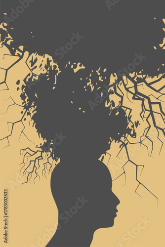 Stressed over thinking man with his head fuming. Psychotherapy, stress and psychosis. A depressed state of a person. An electric lightning bolt strike in the cloud of negative emotions.