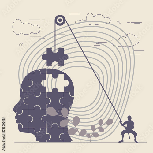 Empathy and emotional feeling support with understanding about other people problem situations person. Help in relationship crisis with psychological therapy. Behavior correction metaphor. Puzzle head